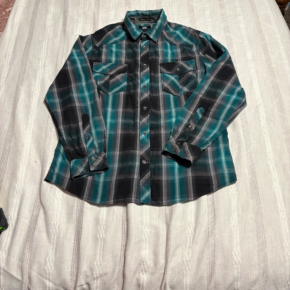 Rock & Republic Teal and Black Plaid Shirt
